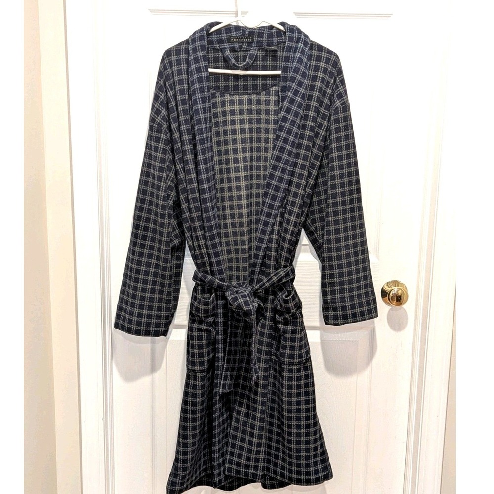 Quiet Luxury Perry Ellis Portfolio S/M Blue Green Plaid Belted‎ Robe Spa Lounge